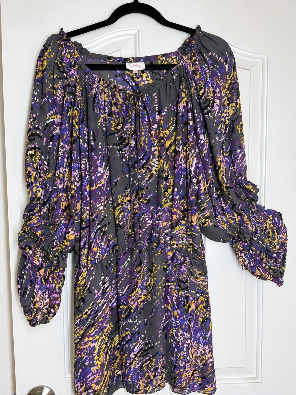 Parker 100% Silk Purple Gray Abstract Print Ruffle Sleeve Dress M